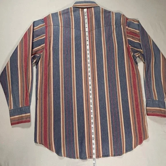 Wrangler Mens Western Brushpopper Shirt Striped Long Sleeve Pearl Snap VTG - Picture 4 of 9